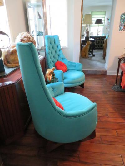 Adrian Pearsall Pair of Adrian Pearsall Tall Back Tufted Sculpted Walnut Base Lounge Chair