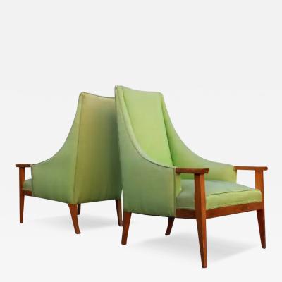 Adrian Pearsall Pair of Green Upholstery and Wood Tall Back Lounge Chairs after Adrian Pearsall