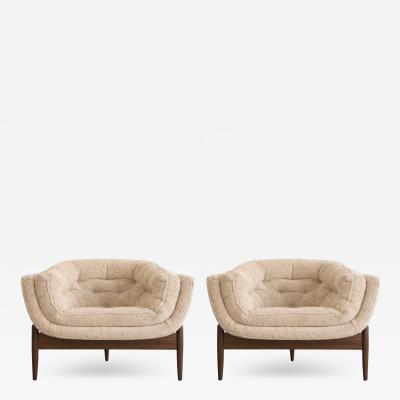 Adrian Pearsall Set of MCM Sculptural Walnut Tripod Lounge Chairs in Boucl C 1950s
