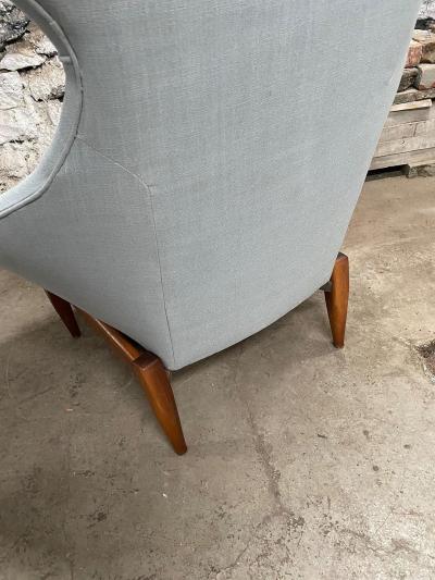 Adrian Pearsall WALNUT LIGHT BLUE LINEN WINGBACK CHAIR ATTRIBUTED TO ADRIAN PEARSALL