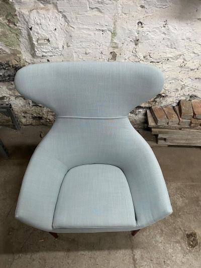 Adrian Pearsall WALNUT LIGHT BLUE LINEN WINGBACK CHAIR ATTRIBUTED TO ADRIAN PEARSALL