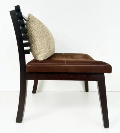 Adriana Hoyos Adriana Hoyos Suede Slatted Wood Slipper Chairs with Suede Seat Cushions Pair