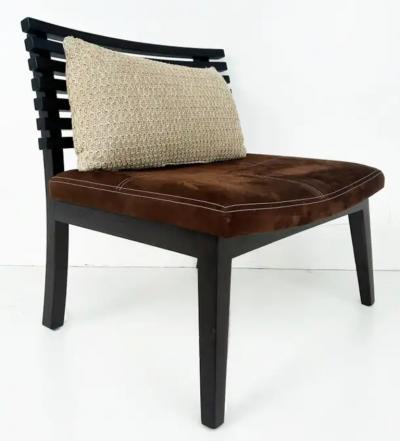 Adriana Hoyos Adriana Hoyos Suede Slatted Wood Slipper Chairs with Suede Seat Cushions Pair