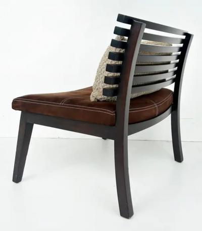 Adriana Hoyos Adriana Hoyos Suede Slatted Wood Slipper Chairs with Suede Seat Cushions Pair