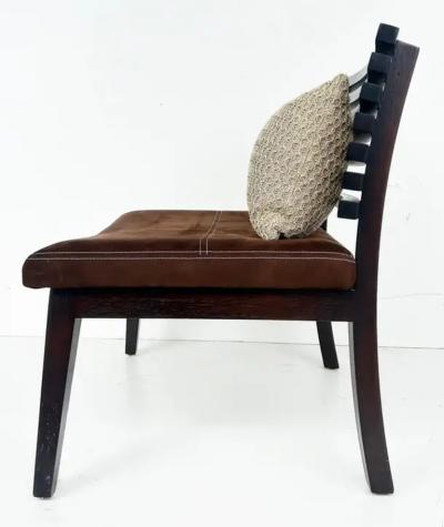 Adriana Hoyos Adriana Hoyos Suede Slatted Wood Slipper Chairs with Suede Seat Cushions Pair