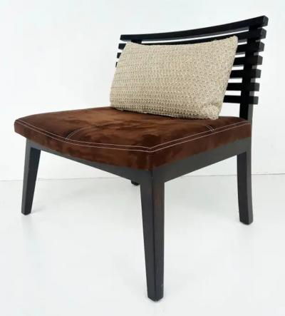 Adriana Hoyos Adriana Hoyos Suede Slatted Wood Slipper Chairs with Suede Seat Cushions Pair