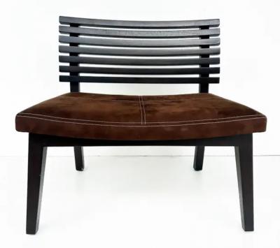 Adriana Hoyos Adriana Hoyos Suede Slatted Wood Slipper Chairs with Suede Seat Cushions Pair