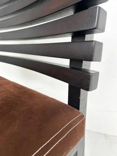 Adriana Hoyos Adriana Hoyos Suede Slatted Wood Slipper Chairs with Suede Seat Cushions Pair