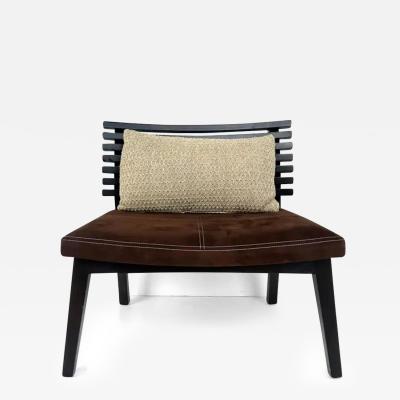 Adriana Hoyos Adriana Hoyos Suede Slatted Wood Slipper Chairs with Suede Seat Cushions Pair