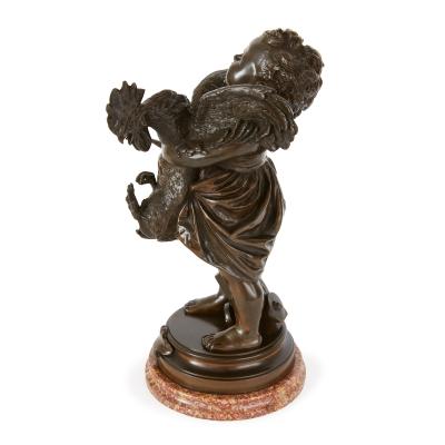 Adriano Cecioni Patinated bronze group by Cecioni depicting a child and rooster