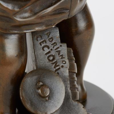 Adriano Cecioni Patinated bronze group by Cecioni depicting a child and rooster
