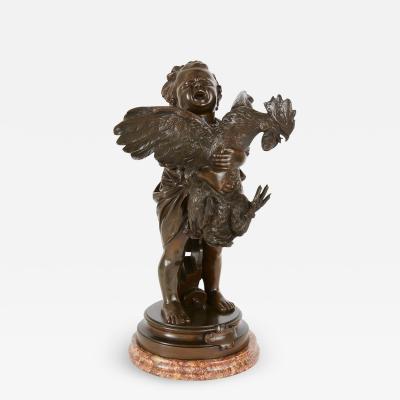 Adriano Cecioni Patinated bronze group by Cecioni depicting a child and rooster