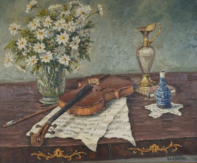 Adrien de Chanteloup de Chanteloup Still Life with Violin and Flowers Signed Adrien de Chanteloup
