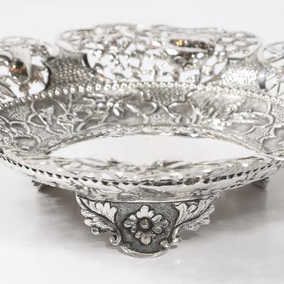 Aesthetic Movement Sterling Repouse Flora Fauna Dish signed Pau Kuang