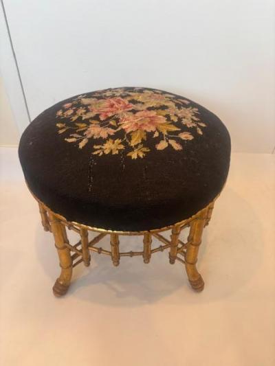 Aesthetics Movement Faux Bamboo Gilt Needlepoint Stool