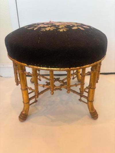 Aesthetics Movement Faux Bamboo Gilt Needlepoint Stool