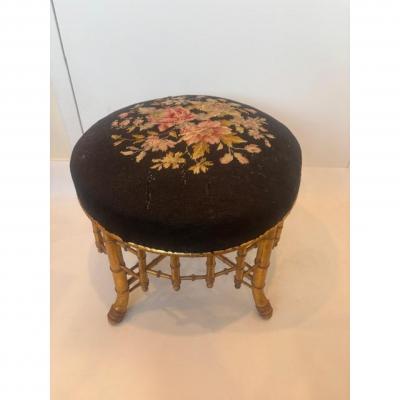Aesthetics Movement Faux Bamboo Gilt Needlepoint Stool