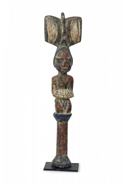 African 19th Century Carved Painted Wood Yoruba Shango Figure on Metal Stand