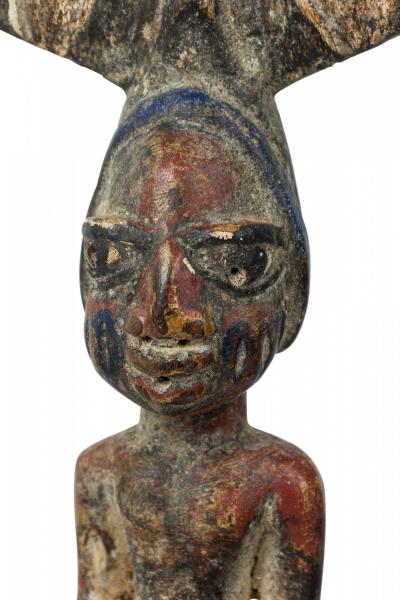 African 19th Century Carved Painted Wood Yoruba Shango Figure on Metal Stand