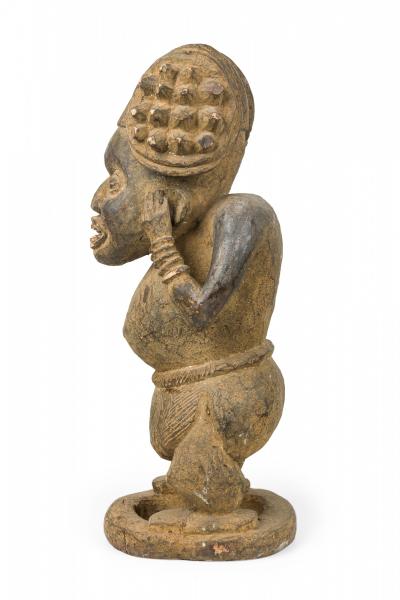 African Cameroon 20th Century Carved Wood Bameleke Chief Squatting Figure on Cir