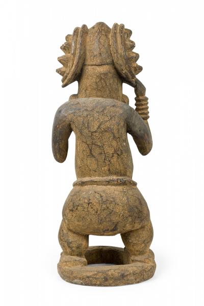 African Cameroon 20th Century Carved Wood Bameleke Chief Squatting Figure on Cir