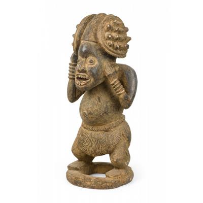 African Cameroon 20th Century Carved Wood Bameleke Chief Squatting Figure on Cir