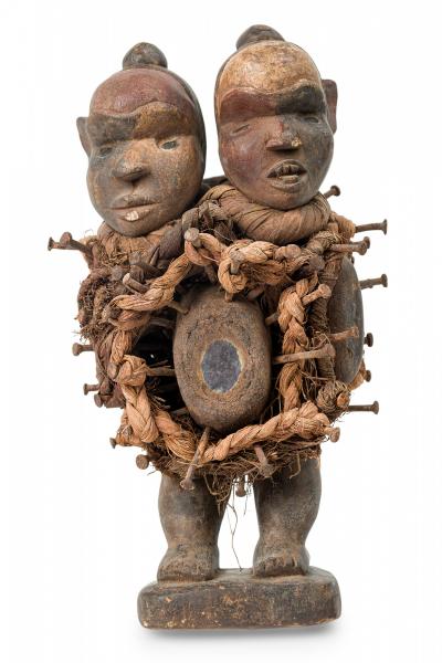 African D R Congo 20th Century Carved Wood Mirror Nkisi Nail Fetish Figure