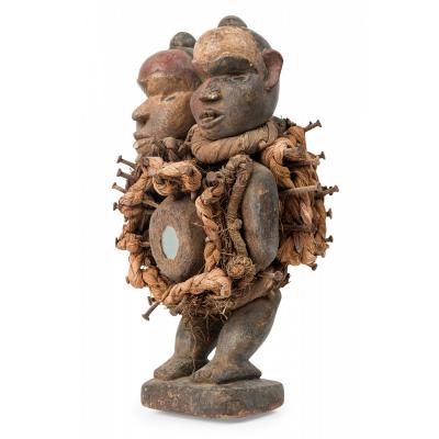 African D R Congo 20th Century Carved Wood Mirror Nkisi Nail Fetish Figure