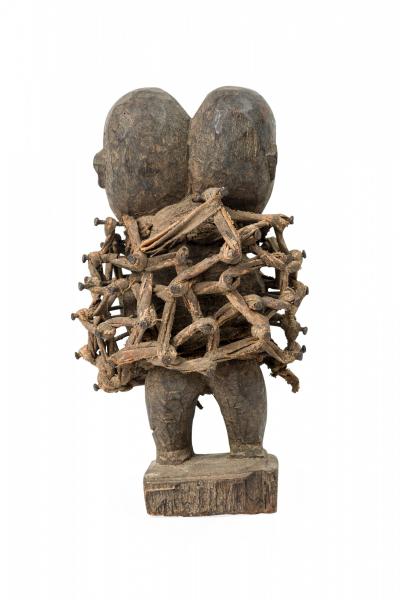 African D R Congo 20th Century Carved Wood Nkisi 2 Headed Nail Fetish Figure