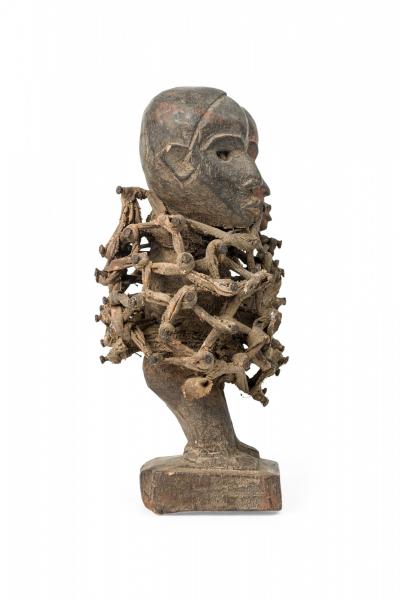 African D R Congo 20th Century Carved Wood Nkisi 2 Headed Nail Fetish Figure