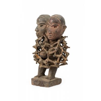 African D R Congo 20th Century Carved Wood Nkisi 2 Headed Nail Fetish Figure