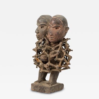 African D R Congo 20th Century Carved Wood Nkisi 2 Headed Nail Fetish Figure