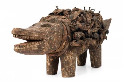 African D R Congo 20th Century Carved Wood Nkisi Koso Dog Nail Fetish Figure