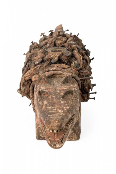 African D R Congo 20th Century Carved Wood Nkisi Koso Dog Nail Fetish Figure