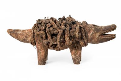 African D R Congo 20th Century Carved Wood Nkisi Koso Dog Nail Fetish Figure