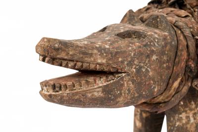 African D R Congo 20th Century Carved Wood Nkisi Koso Dog Nail Fetish Figure