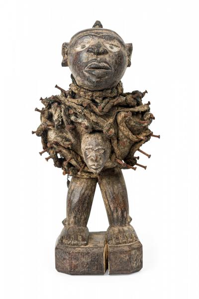 African D R Congo 20th Century Carved Wood Nkisi Male Nail Fetish Figure