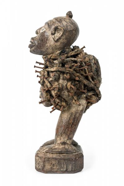 African D R Congo 20th Century Carved Wood Nkisi Male Nail Fetish Figure