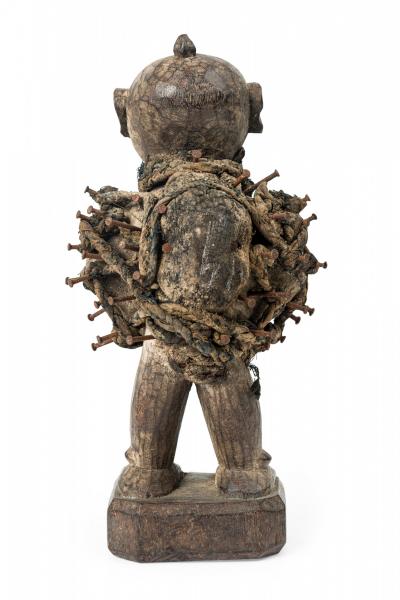 African D R Congo 20th Century Carved Wood Nkisi Male Nail Fetish Figure