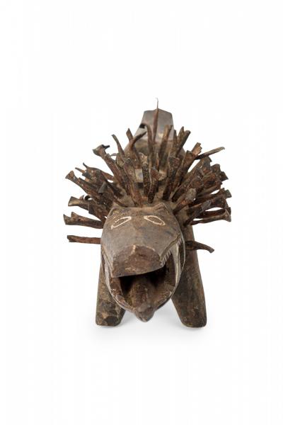African D R Congo Carved Wood Nkisi Koso 2 Headed Dog Nail Fetish Figure