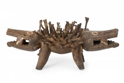 African D R Congo Carved Wood Nkisi Koso 2 Headed Dog Nail Fetish Figure