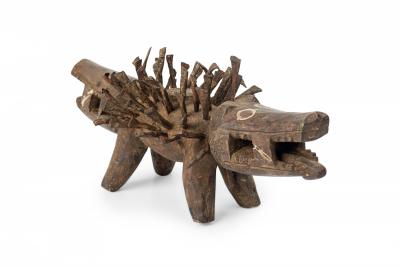 African D R Congo Carved Wood Nkisi Koso 2 Headed Dog Nail Fetish Figure