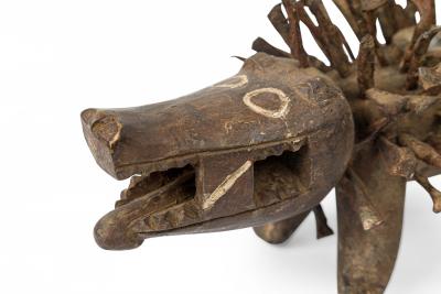 African D R Congo Carved Wood Nkisi Koso 2 Headed Dog Nail Fetish Figure