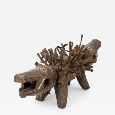 African D R Congo Carved Wood Nkisi Koso 2 Headed Dog Nail Fetish Figure