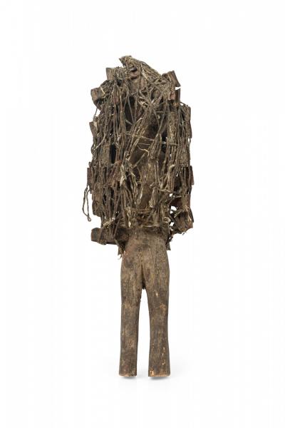 African D R Congo Carved Wood String Nkisi Male Nail Fetish Figure