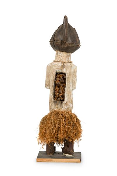 African Gabon 20th Century Hand Carved Reliquary Fetish Figure in Grass Skirt