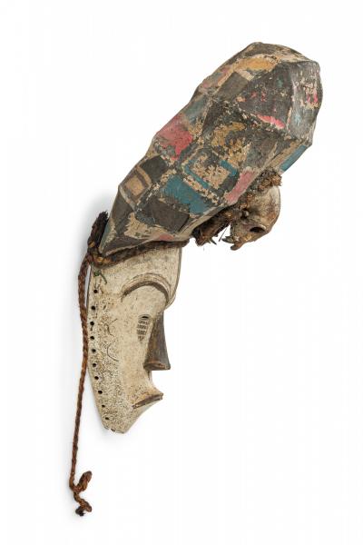 African Gabon Carved Painted Wood Fang Headdress Mask with Monkey Skull