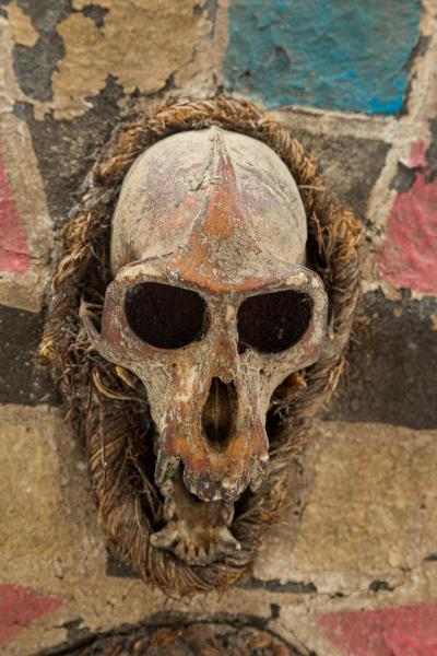 African Gabon Carved Painted Wood Fang Headdress Mask with Monkey Skull