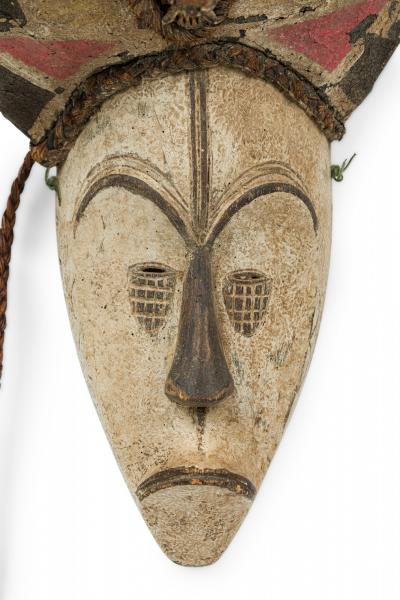 African Gabon Carved Painted Wood Fang Headdress Mask with Monkey Skull