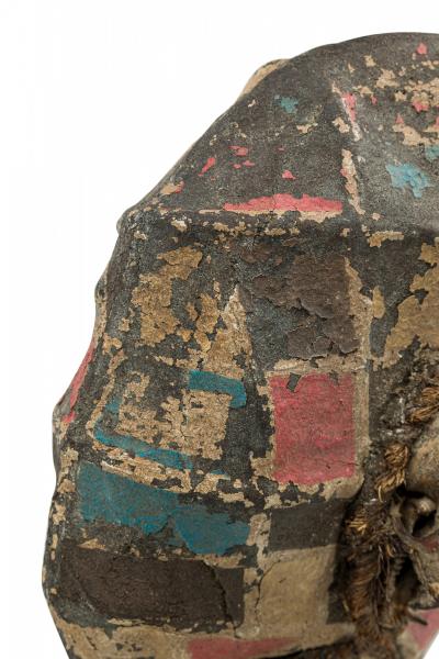 African Gabon Carved Painted Wood Fang Headdress Mask with Monkey Skull